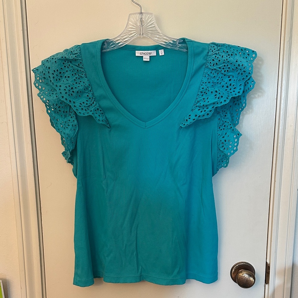 Chico's Teal Eyelet Ruffle Sleeve Top